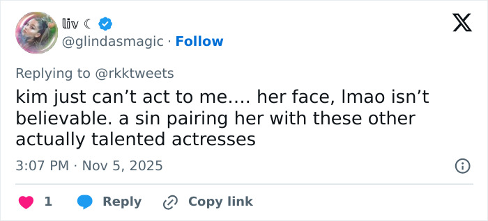 Screenshot of a Twitter reply criticizing acting in All's Fair, highlighting worst scenes after premiere with disastrous reviews. Screenshot of a Twitter reply criticizing acting in All's Fair, highlighting worst scenes after premiere with disastrous reviews.