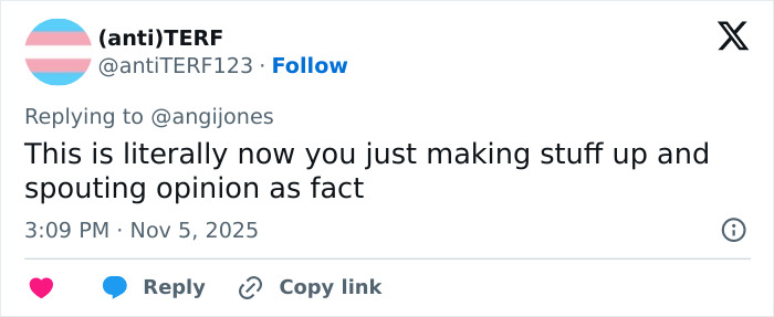 Tweet from antiTERF123 reacting with disagreement to opinions on Gold's Gym trans locker controversy sparking mass fury. Tweet from antiTERF123 reacting with disagreement to opinions on Gold's Gym trans locker controversy sparking mass fury.