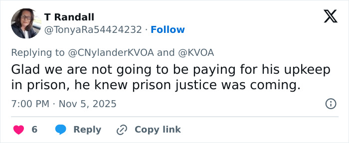 Twitter reply from user T Randall commenting on prison justice related to dad who fatally left 2YO daughter in car case. Twitter reply from user T Randall commenting on prison justice related to dad who fatally left 2YO daughter in car case.