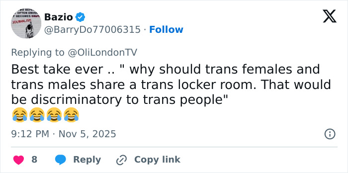 Screenshot of a tweet discussing trans woman confronted in gym locker room and the debate over trans locker room access. Screenshot of a tweet discussing trans woman confronted in gym locker room and the debate over trans locker room access.