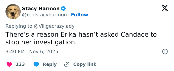 Tweet from Stacy Harmon discussing Erika Kirk’s ongoing investigation suggesting she knows the real culprit is still free.