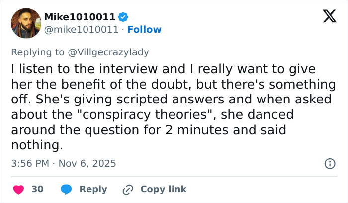 User tweet discussing Erika Kirk’s Fox interview fueling theories about knowing the real culprit is still free.