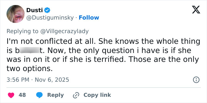 Tweet from Dusti discussing Erika Kirk’s fear and theories about the real culprit still being free after Fox interview.