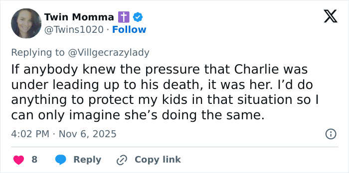 Screenshot of a social media reply discussing Erika Kirk’s Fox interview and theories about the real culprit still being free.