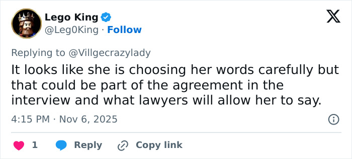 Tweet by Lego King discussing Erika Kirk’s Fox interview suggesting she chooses words carefully amid legal constraints.