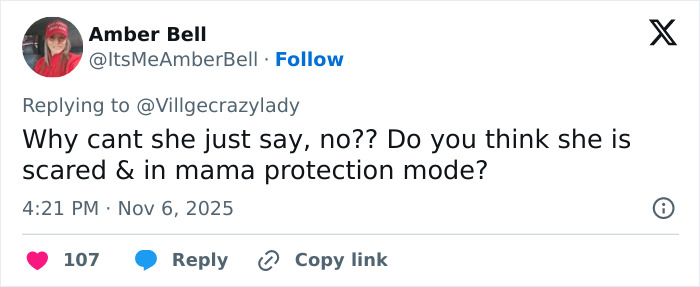 Tweet by Amber Bell questioning if Erika Kirk is scared and in protection mode, fueling theories about the real culprit being free.