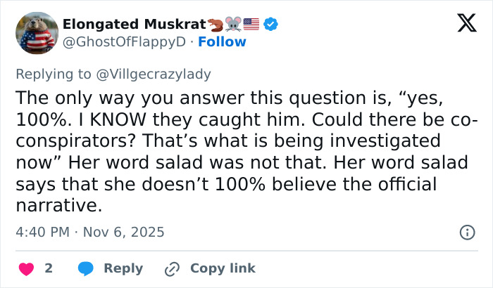 Screenshot of a Twitter reply discussing Erika Kirk’s interview and theories about the real culprit still being free.