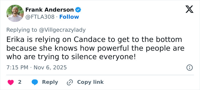 Screenshot of a tweet discussing Erika Kirk’s Fox interview and theories about the real culprit still being free.