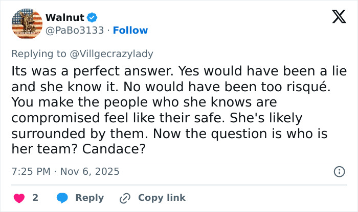 Tweet discussing Erika Kirk’s Fox interview fueling theories about the real culprit still being free and her possible team.