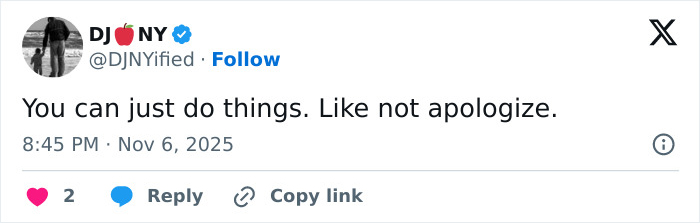 Tweet by DJ_NY with text about not apologizing, related to Sydney Sweeney jeans scandal comments sparking online fury. Tweet by DJ_NY with text about not apologizing, related to Sydney Sweeney jeans scandal comments sparking online fury.