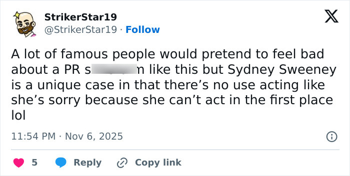 Tweet criticizing Sydney Sweeney’s acting amid jeans scandal sparks online fury and debate over her public statements. Tweet criticizing Sydney Sweeney’s acting amid jeans scandal sparks online fury and debate over her public statements.