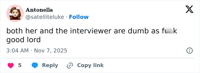 Screenshot of a tweet by Antonella reacting with strong language to Sydney Sweeney's comments on jeans scandal controversy. Screenshot of a tweet by Antonella reacting with strong language to Sydney Sweeney's comments on jeans scandal controversy.