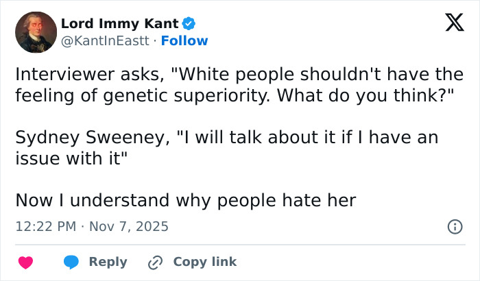 Screenshot of a tweet discussing Sydney Sweeney's controversial comments on the jeans scandal sparking public fury. Screenshot of a tweet discussing Sydney Sweeney's controversial comments on the jeans scandal sparking public fury.