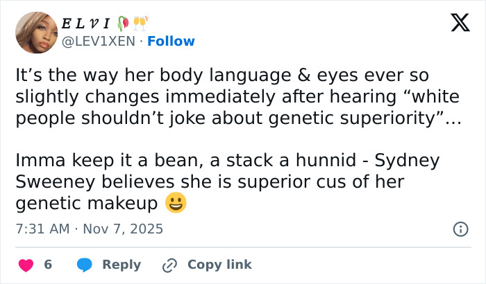 Screenshot of a social media post discussing Sydney Sweeney’s jeans scandal and public reaction to her comments. Screenshot of a social media post discussing Sydney Sweeney’s jeans scandal and public reaction to her comments.