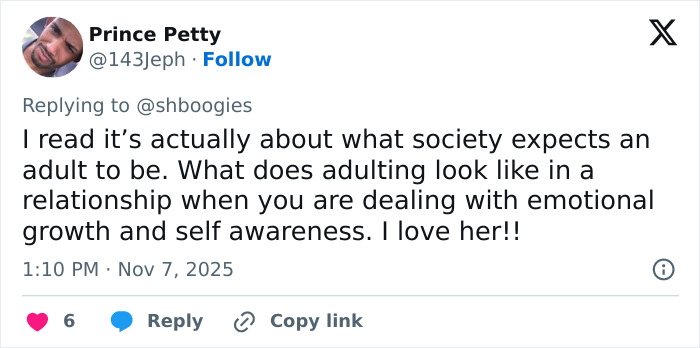 Tweet by Prince Petty discussing societal expectations of adulthood and emotional growth in relationships, referencing Hilary Duff’s age-gap controversy.