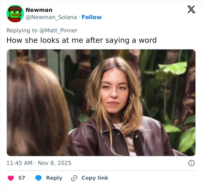 Alt text: Woman giving a side-eye look in a meme about the Sydney Sweeney elevator tweet sparking hilarious memes on social media. Alt text: Woman giving a side-eye look in a meme about the Sydney Sweeney elevator tweet sparking hilarious memes on social media.