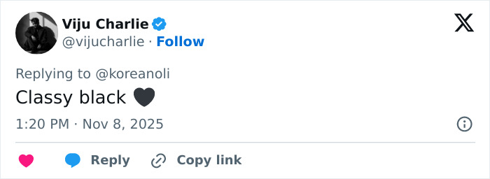 Screenshot of a tweet replying with classy black heart emoji amid Millie Bobby Brown natural breasts defense debate. Screenshot of a tweet replying with classy black heart emoji amid Millie Bobby Brown natural breasts defense debate.