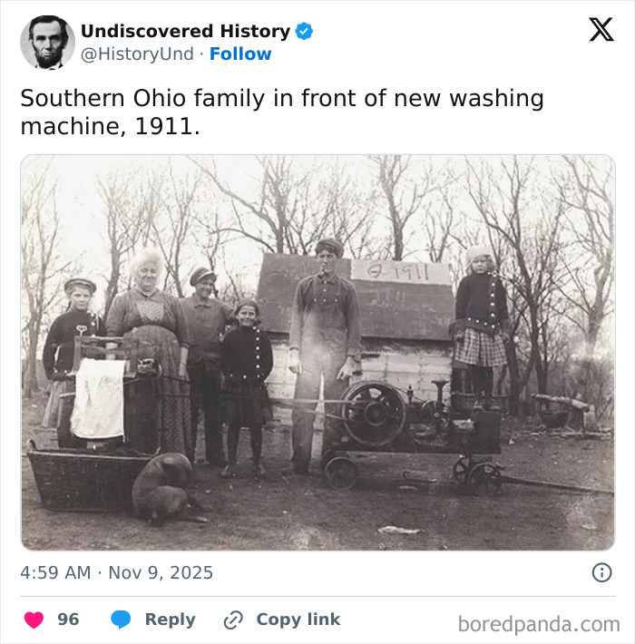 Southern Ohio family circa 1911 posed with new washing machine revealing moments lost to time.