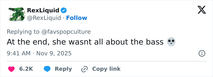 Tweet from RexLiquid replying to a fan account about Meghan Trainor’s new look mentioning bass and sparking fan reactions. Tweet from RexLiquid replying to a fan account about Meghan Trainor’s new look mentioning bass and sparking fan reactions.