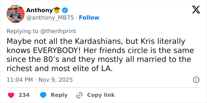 Tweet highlighting Kris Jenner's elite guest list and longtime high-profile friends at her 70th birthday bash. Tweet highlighting Kris Jenner's elite guest list and longtime high-profile friends at her 70th birthday bash.