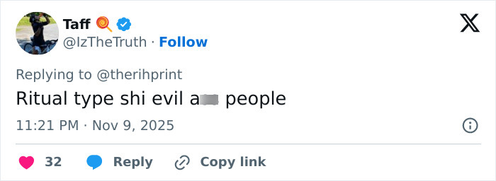 Tweet from user Taff responding to a discussion, mentioning ritual type and expressing negative sentiments. Tweet from user Taff responding to a discussion, mentioning ritual type and expressing negative sentiments.