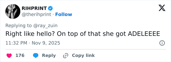 Tweet from RIHPRINT reacting to Kris Jenner's 70th birthday bash guest list, expressing surprise at Adele attending. Tweet from RIHPRINT reacting to Kris Jenner's 70th birthday bash guest list, expressing surprise at Adele attending.