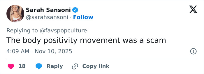 Tweet by Sarah Sansoni criticizing the body positivity movement, posted in response to fan reactions about Meghan Trainor's new look. Tweet by Sarah Sansoni criticizing the body positivity movement, posted in response to fan reactions about Meghan Trainor's new look.