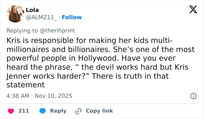 Tweet praising Kris Jenner’s influence on her kids’ wealth and power in Hollywood, shared after her 70th birthday bash guest list news. Tweet praising Kris Jenner’s influence on her kids’ wealth and power in Hollywood, shared after her 70th birthday bash guest list news.