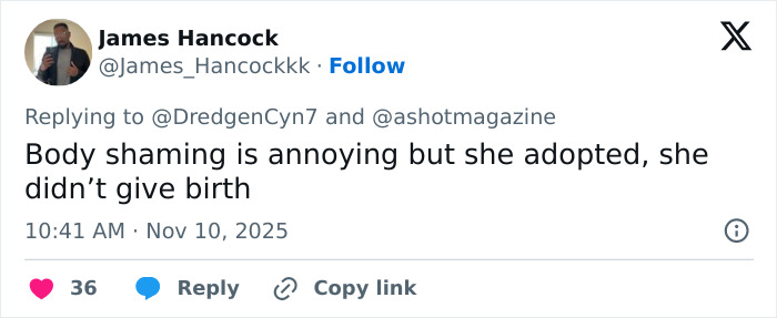 Screenshot of a tweet discussing body shaming related to natural breasts and reactions to a low-cut dress. Screenshot of a tweet discussing body shaming related to natural breasts and reactions to a low-cut dress.