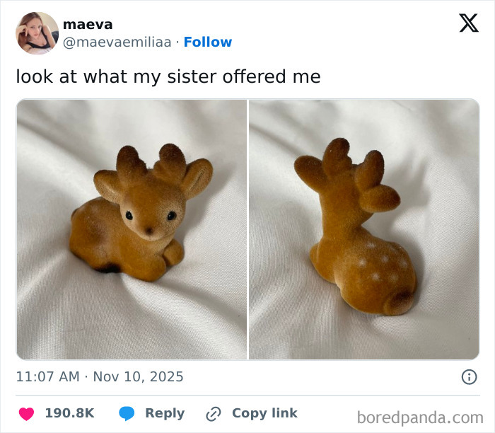 Small brown deer figurine shown from front and back, a grateful sibling gift on a white fabric background