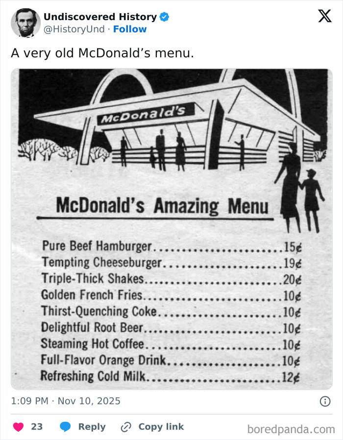 Vintage McDonald’s menu showing affordable prices and classic items in fascinating photos revealing moments lost to time.