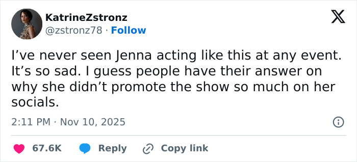 Tweet expressing concern over Jenna Ortega’s behavior and silence at Wednesday cast event and show promotion.