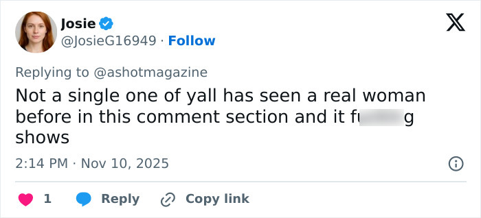 Tweet from Josie reacting to online trolls with a strong defense of natural breasts and real women in the comment section. Tweet from Josie reacting to online trolls with a strong defense of natural breasts and real women in the comment section.