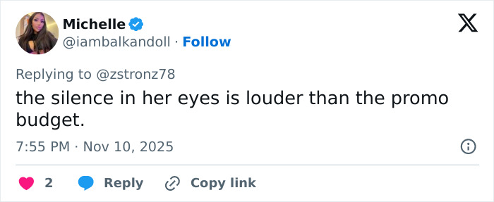 Tweet by Michelle expressing concern over silence in Jenna Ortega’s eyes related to behavior at Wednesday cast event.