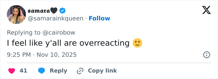 Tweet from user samara responding to concerns about Jenna Ortega’s behavior with a calm emoji, addressing overreaction. Tweet from user samara responding to concerns about Jenna Ortega’s behavior with a calm emoji, addressing overreaction.