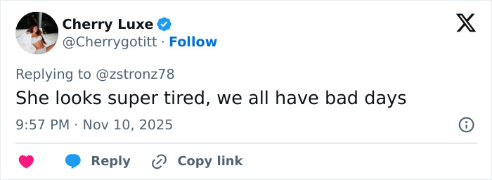 Tweet text expressing concern over Jenna Ortega’s behavior at a Wednesday cast event, mentioning tiredness.