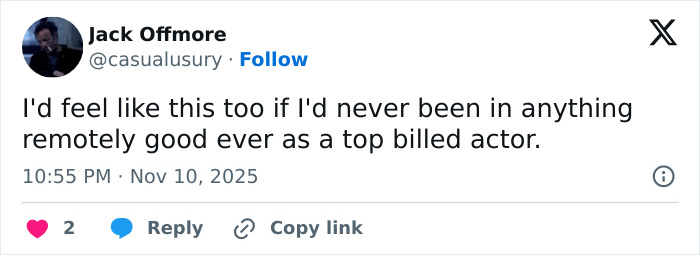 Tweet by Jack Offmore expressing feelings about being a top billed actor, shared during discussion on Jenna Ortega’s behavior at Wednesday cast event.
