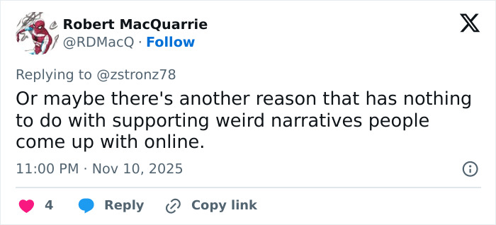 Tweet by Robert MacQuarrie expressing skepticism about online narratives unrelated to Jenna Ortega’s behavior concern. Tweet by Robert MacQuarrie expressing skepticism about online narratives unrelated to Jenna Ortega’s behavior concern.