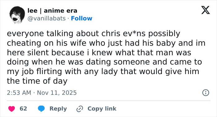 Tweet mentioning Chris Evans cheating rumors amid first childbirth, sparking viral scandalous blind items and public reactions.