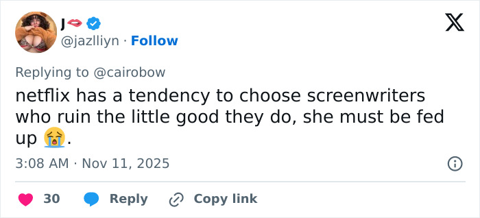 Tweet criticizing Netflix screenwriters, reflecting concern over Jenna Ortega’s behavior at Wednesday cast event. Tweet criticizing Netflix screenwriters, reflecting concern over Jenna Ortega’s behavior at Wednesday cast event.