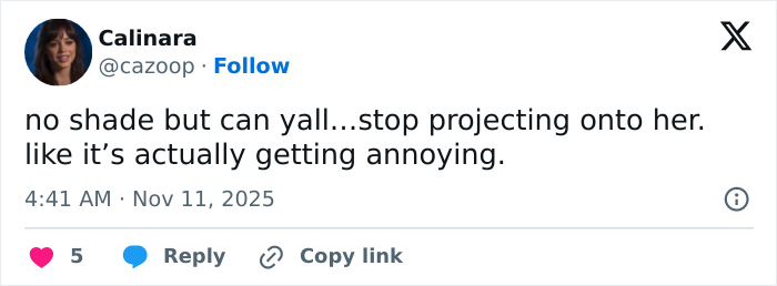 Tweet by Calinara addressing concerns about Jenna Ortega’s behavior at Wednesday cast event, urging people to stop projecting.