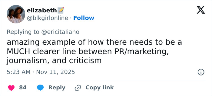 Tweet discussing the need for clearer distinctions between PR marketing, journalism, and criticism amid Sydney Sweeney damage control debate. Tweet discussing the need for clearer distinctions between PR marketing, journalism, and criticism amid Sydney Sweeney damage control debate.