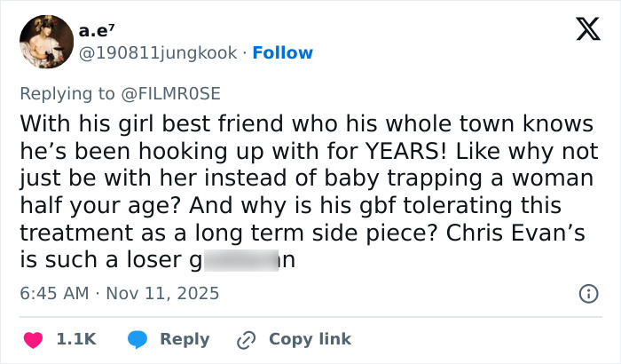 Tweet discussing Chris Evans cheating rumors involving long-term hookups and side piece drama amid childbirth news.