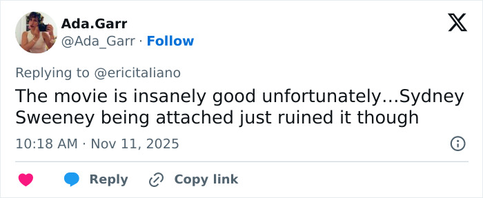 Screenshot of tweet criticizing Sydney Sweeney’s involvement in the movie, relevant to leaked PR emails and damage control. Screenshot of tweet criticizing Sydney Sweeney’s involvement in the movie, relevant to leaked PR emails and damage control.