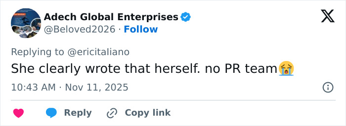 Tweet from Adech Global Enterprises replying to a comment, mentioning no PR team involved, related to leaked PR emails. Tweet from Adech Global Enterprises replying to a comment, mentioning no PR team involved, related to leaked PR emails.