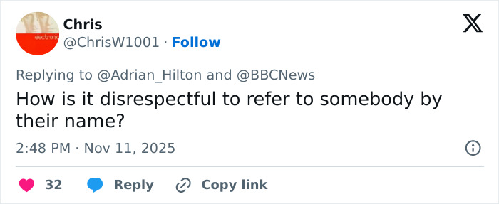 Tweet from Chris questioning how referring to someone by name can be seen as disrespectful amid Princess Kate backlash.