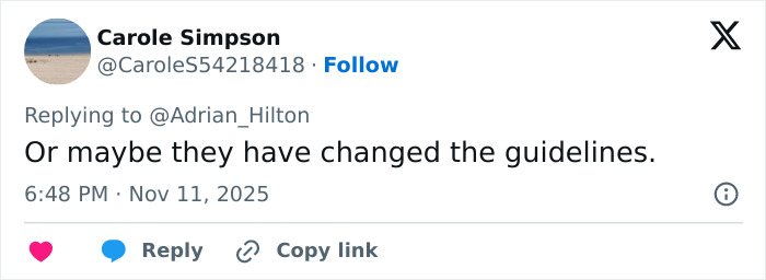 Tweet by Carole Simpson replying to Adrian Hilton about changed guidelines, related to Princess Kate backlash on BBC headline.