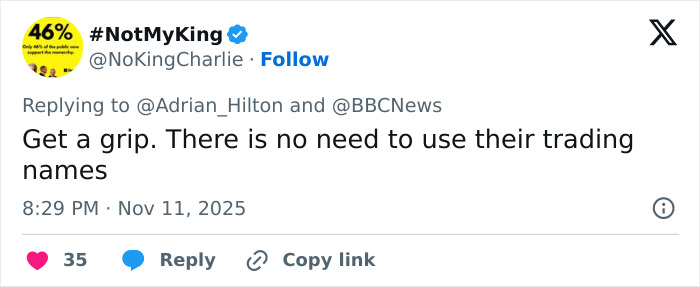 Tweet from user #NotMyKing criticizing BBC after massive Princess Kate backlash, urging not to use trading names. Tweet from user #NotMyKing criticizing BBC after massive Princess Kate backlash, urging not to use trading names.
