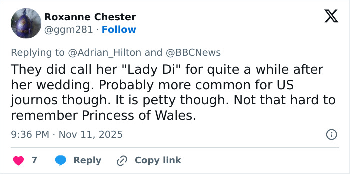 Tweet criticizing BBC's headline choice, mentioning Princess Kate backlash and references to royal titles in a social media reply.