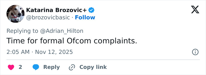 Tweet from Katarina Brozovic calling for Ofcom complaints amid backlash related to Princess Kate and BBC headline changes.